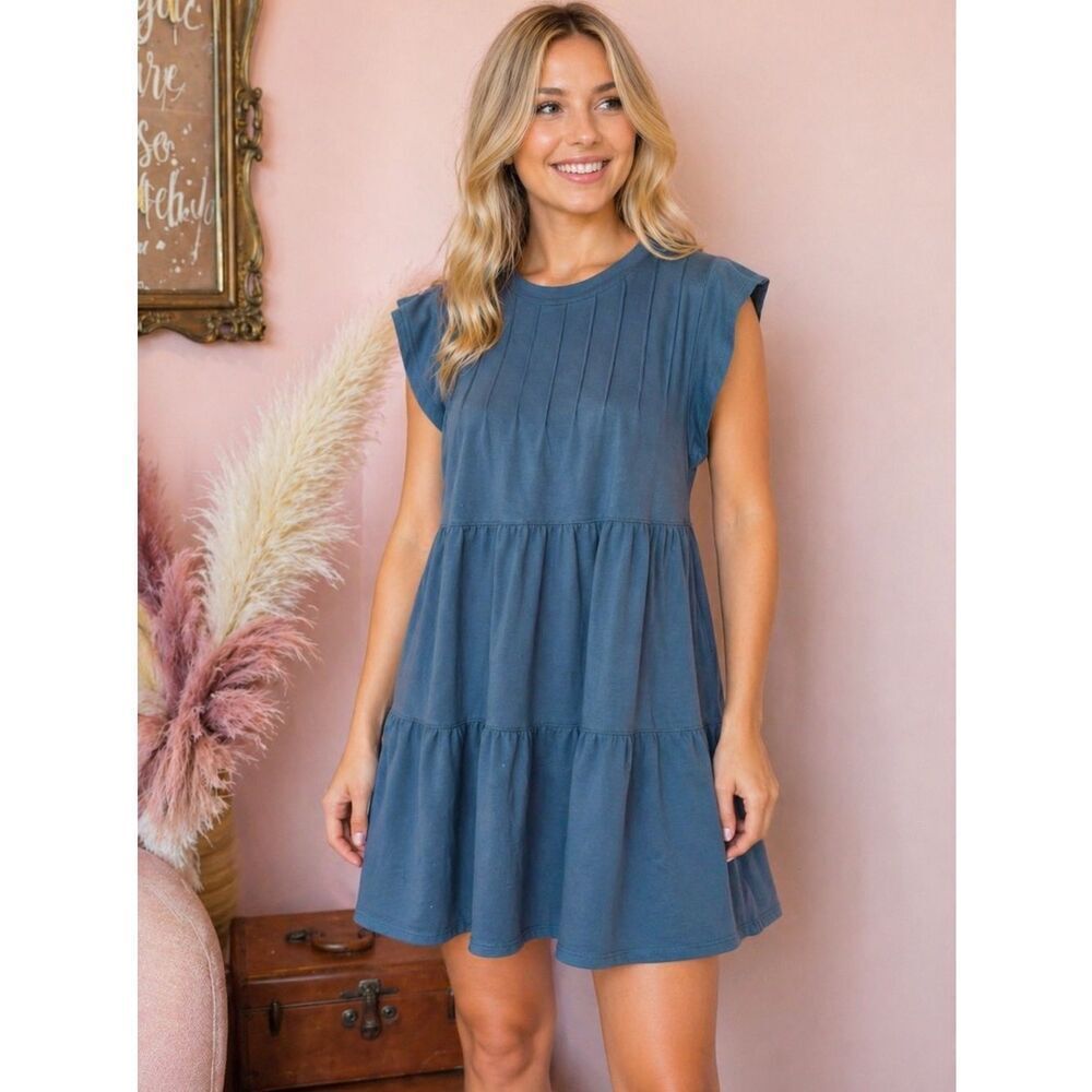Anthropologie eesome Slate Blue Tiered Pintuck Mini Dress